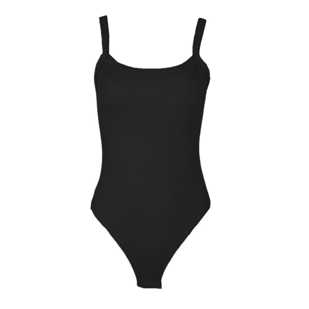 (Black, L) Women Slimming Thong Bodysuits Tank Top Spaghetti Strap Ribbed Knitted Leotard Tummy-Control Bodycon Camisole Jumpsuit