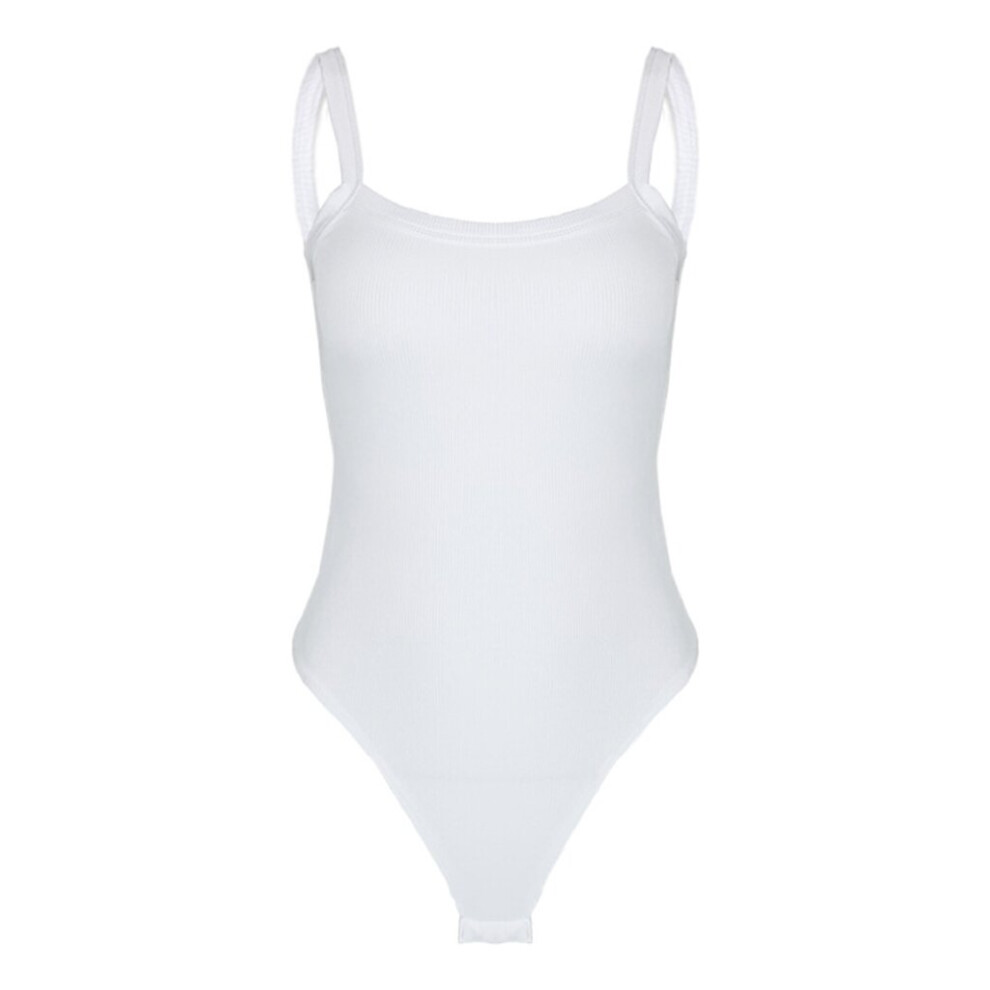 (White, L) Women Slimming Thong Bodysuits Tank Top Spaghetti Strap Ribbed Knitted Leotard Tummy-Control Bodycon Camisole Jumpsuit