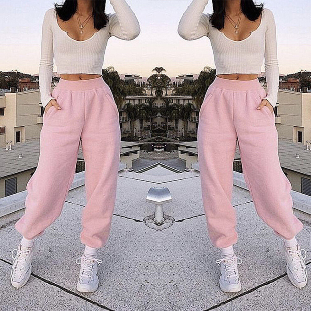 Pink, M) Women High Waist Baggy Loose Jogger Pants Solid Color