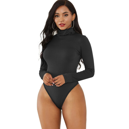 Black, XL) Women Mock Turtleneck Long Sleeve Thong Bodysuit T