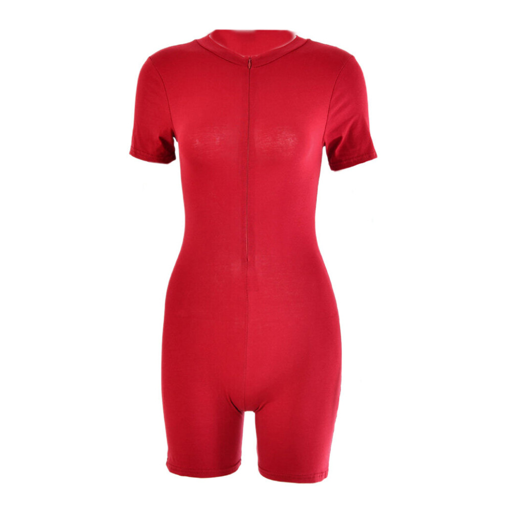 (Burgundy, L) Women Summer Short Sleeve Turtleneck Jumpsuit Sexy Half Zip Up Biker Shorts Rompers Solid Color Bodycon Fitness Sports Playsuit Clubwear-image-OPC-PBSTDXM-NEW