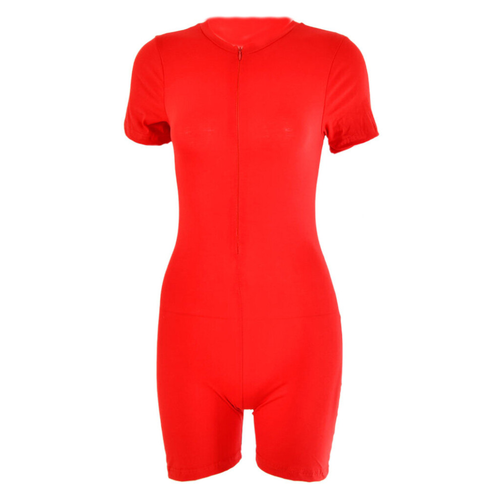 (Red, M) Women Summer Short Sleeve Turtleneck Jumpsuit Sexy Half Zip Up Biker Shorts Rompers Solid Color Bodycon Fitness Sports Playsuit Clubwear-image-OPC-PBSTDXG-NEW