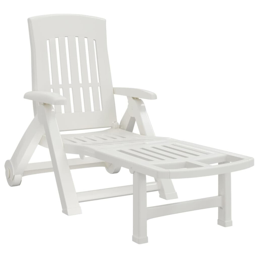 (white) vidaXL Folding Sun Lounger Sun Bed with Wheels Reclining Sun Chair Daybed PP