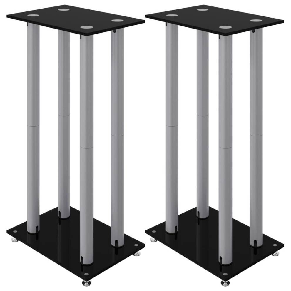 Vidaxl (Black And Silver) Speaker Stands Speaker Floor Stand 2Pcs Tempered Glass 4 Pillars Design