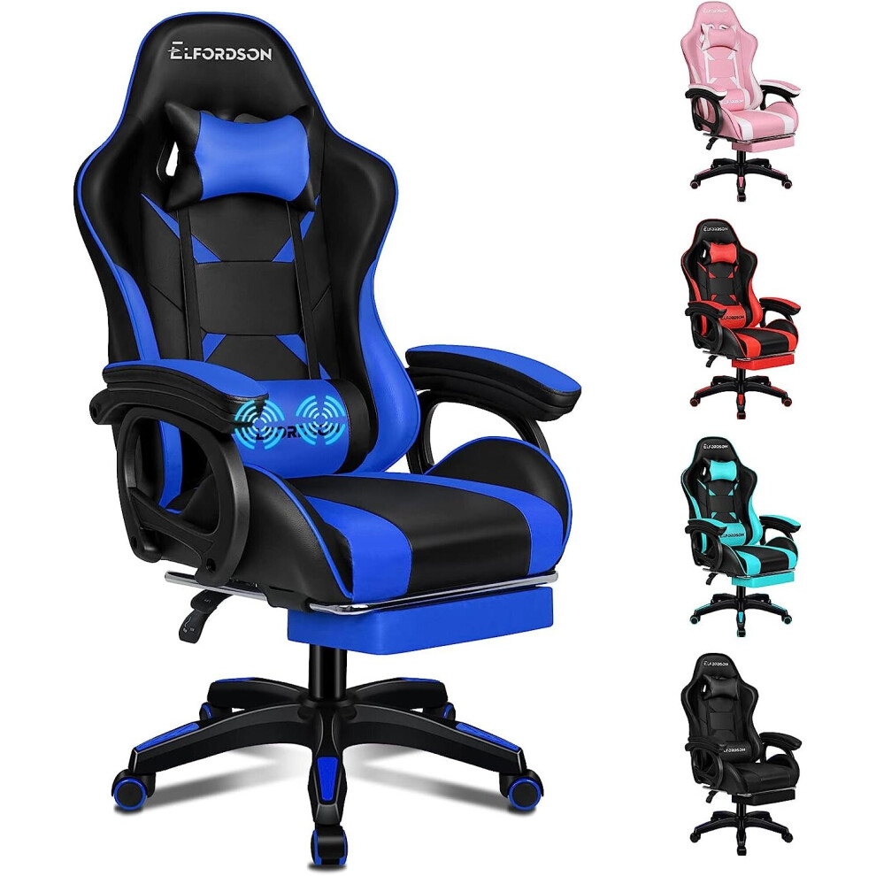 (Black & Blue) ELFORDSON Gaming Office Chair Racing Massage Computer Seat Footrest Leather