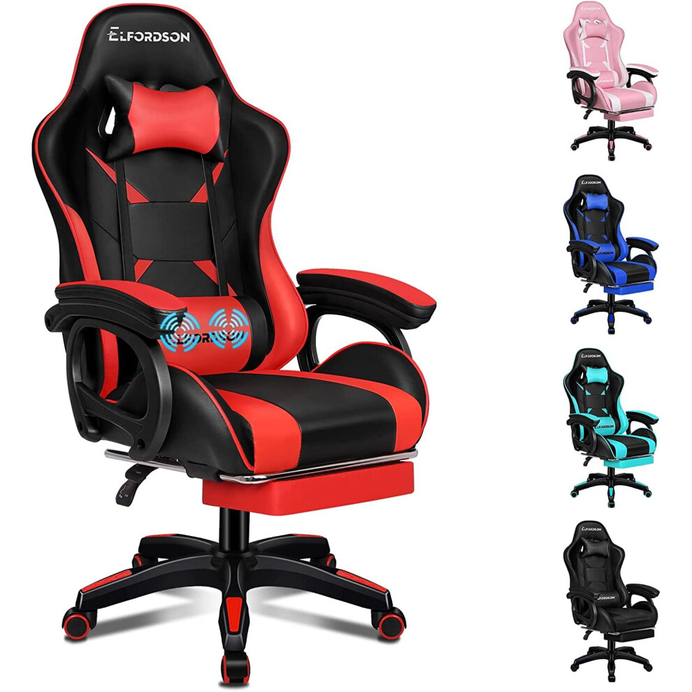 (Black & Red) ELFORDSON Gaming Office Chair Racing Massage Computer Seat Footrest Leather