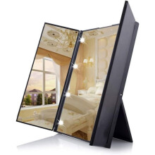 Tri-Fold Makeup Mirror Compact Pocket Travel Mirror with 8 LED Lights with Batteries - Black