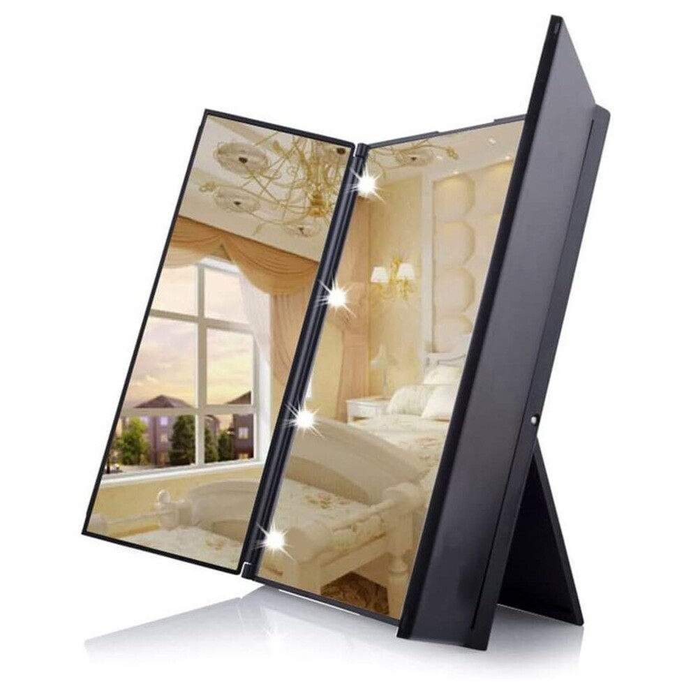 Gopatriot Memory Tri-Fold Makeup Mirror Compact Pocket Travel Mirror With 8 Led Lights With Batteries - Black