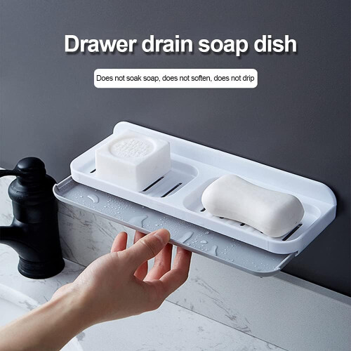 Wall Mounted Soap Dish, Large Double Drawer Design Soap Holder No Punching (White) 2