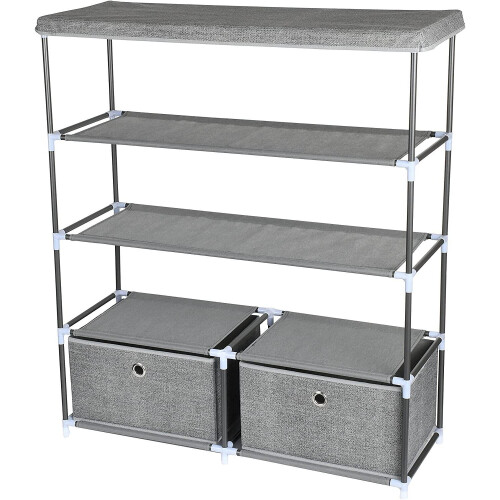 4 Tier Multipurpose Storage Organiser Shelf With 2 Drawers Modular Sturdy Metal (Light Grey)