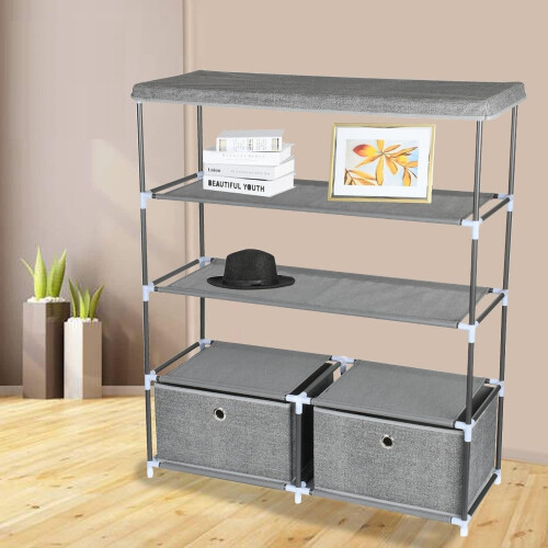4 Tier Multipurpose Storage Organiser Shelf With 2 Drawers Modular Sturdy Metal (Light Grey) 1