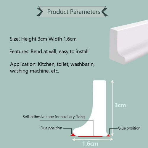 2m/78" Silicone Shower Threshold Water Retaining Strip (L Shape, 3cm High) 2