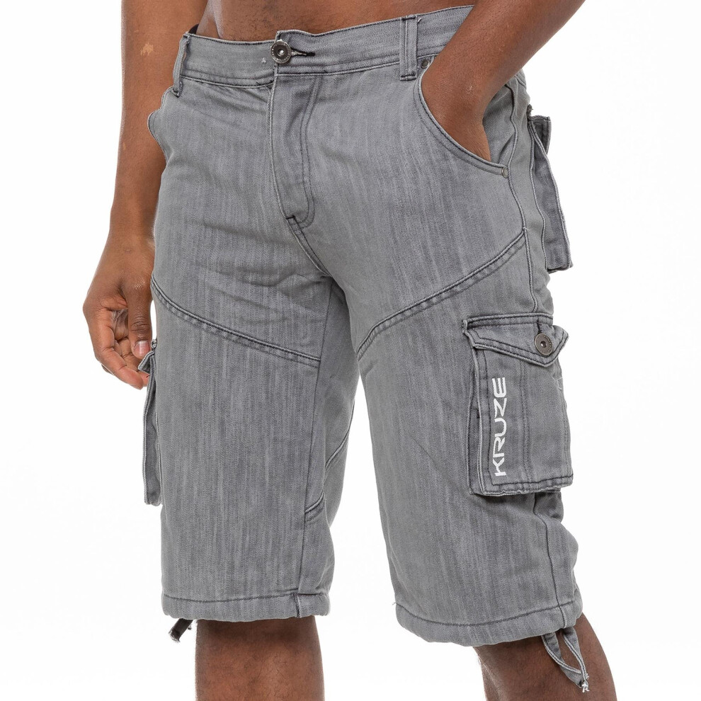 (28, Grey) Kruze Mens Cargo Combat Denim Shorts