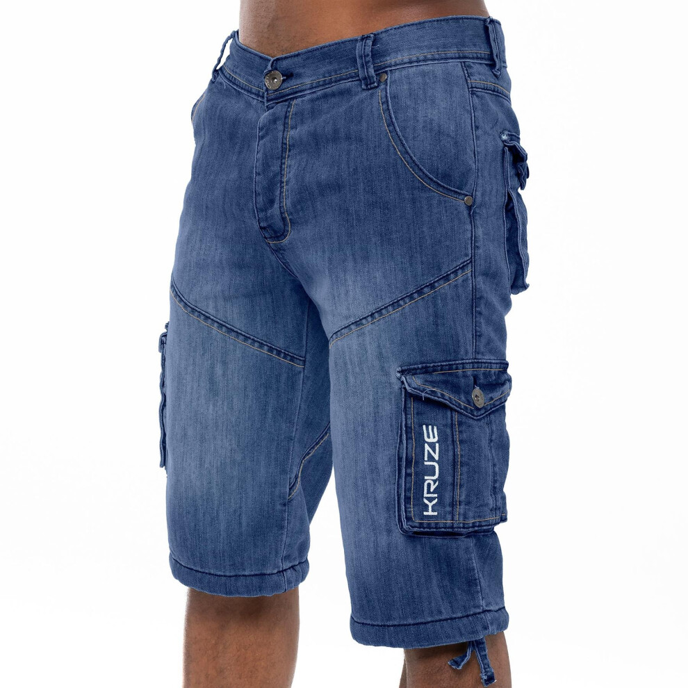 (36, Blue) Kruze Mens Cargo Combat Denim Shorts