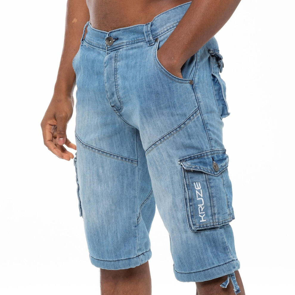 (42, Light Blue) Kruze Mens Cargo Combat Denim Shorts