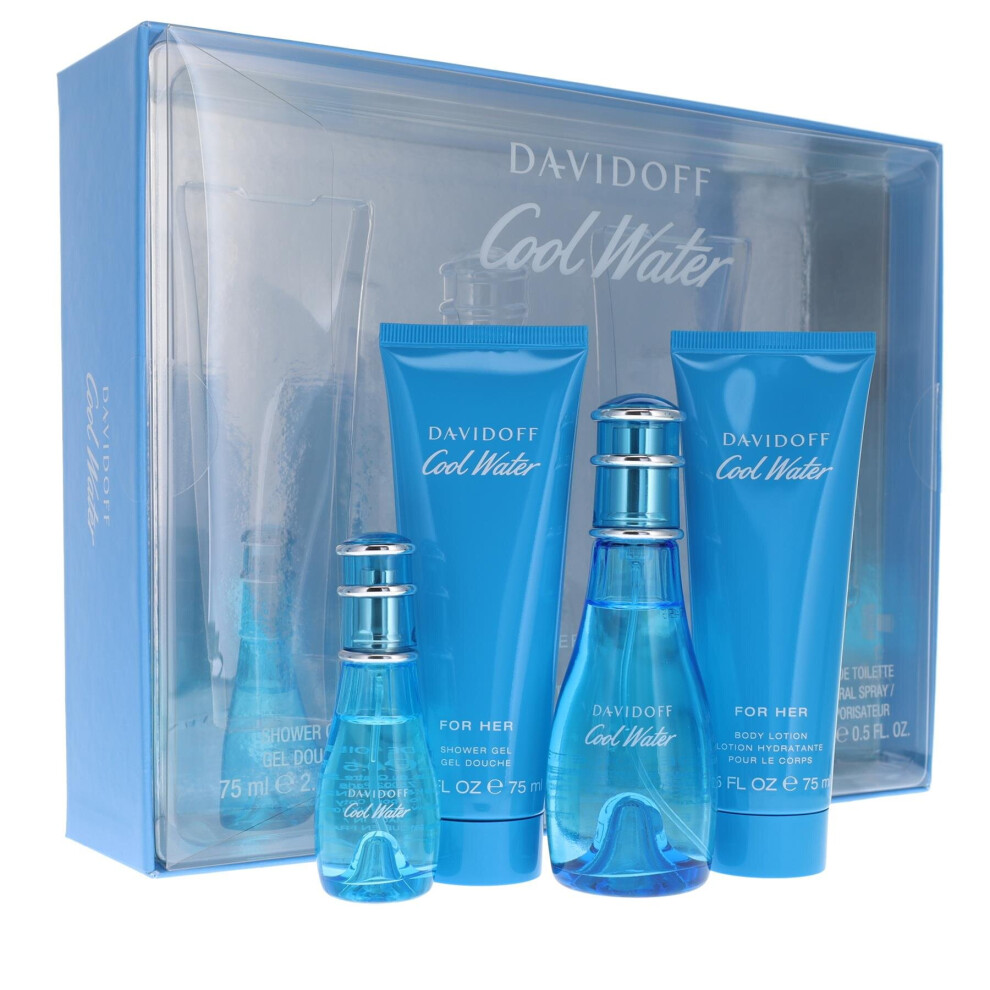 Davidoff Cool Water Woman 50ml Eau de Toilette Spray, 75ml Shower Gel, 75ml Body Lotion, 15ml Eau de Toilette Spray Gift Set for Women