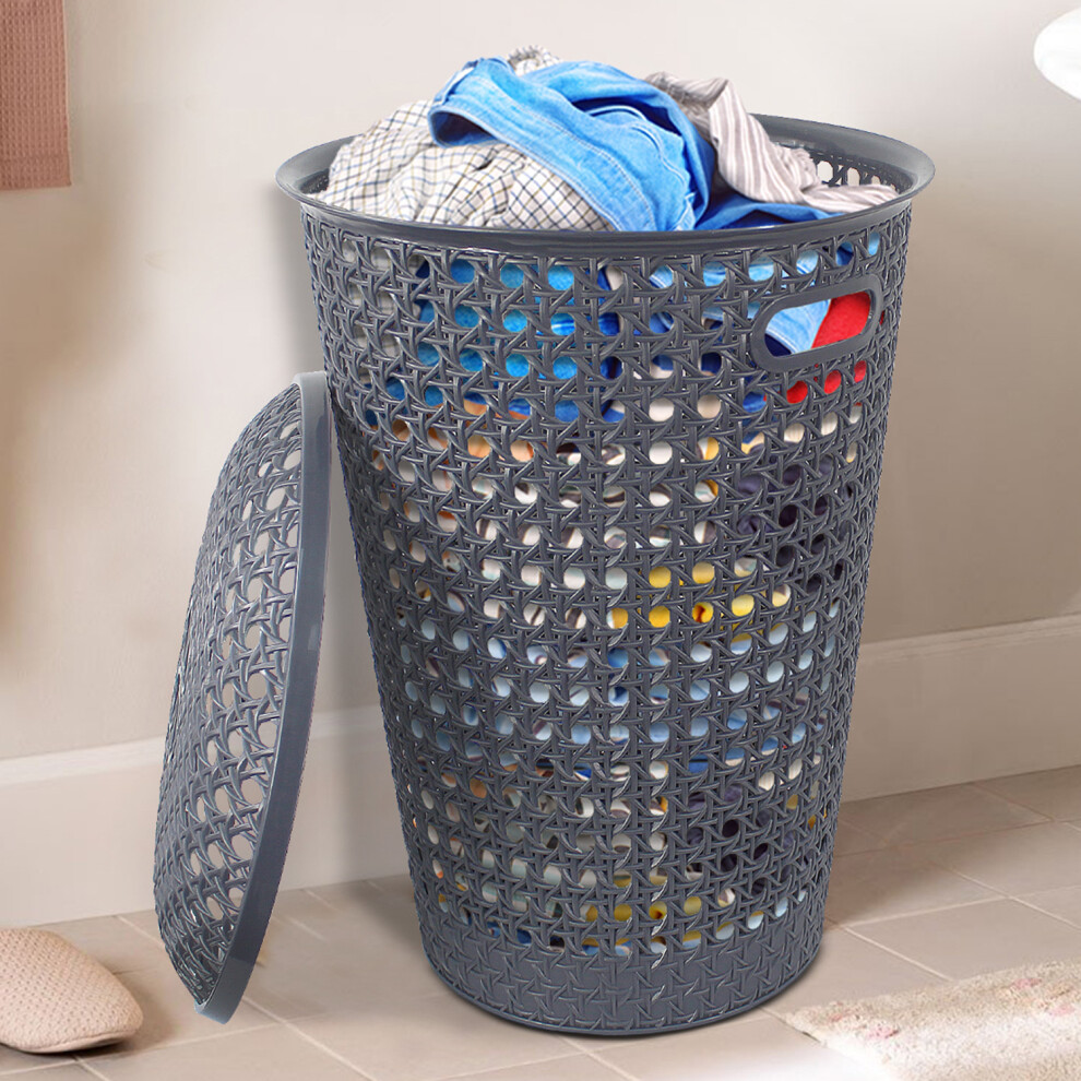 Laundry Washing Basket 48L Hamper Storage Linen Clothes Lid Rattan Style Plastic