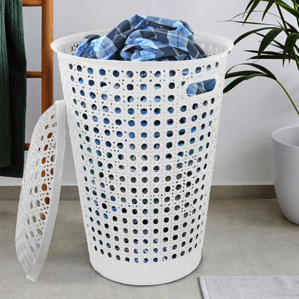 Laundry Linen Washing Basket 48L Hamper Rattan Bathroom Storage Clothes Bin Lid