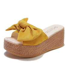 Summer Slipper Casual Beach Flip Flops Sandals Thick Bottom Woven Straw Cake Fish Mouth Bow Sandals Women Shoes