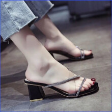 Women Flip-flops Transparent High-heeled Slippers Wear Crystal Thick-heeled Sandals Fairy Wind Low-top Solid