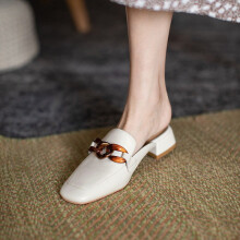 Retro One-word Flip-flops Metal Buckle Medium Thick Heel Toe Sandals Ladies Outer Wear Square Toe Mules 34-40 Size