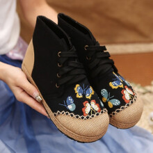 Spring Daisy Embroidered Women Linen Cotton High Top Lace Up Espadrilles Sneakers Ladies Comfortable Casual Flat Booties Shoes