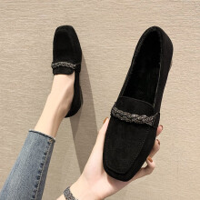 Autumn Winter Women Loafers Low Heels Boat Shoes Square Toe Dress Shoes Chain Faux Suede Plush Warm Ladies Shoes