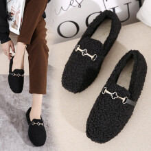 Style Outer Wear Plush Shoes Plus Fleece Boat Shoes Warm Flat Metal Buckle Women's Shoes One Pedal Lazy Loafers