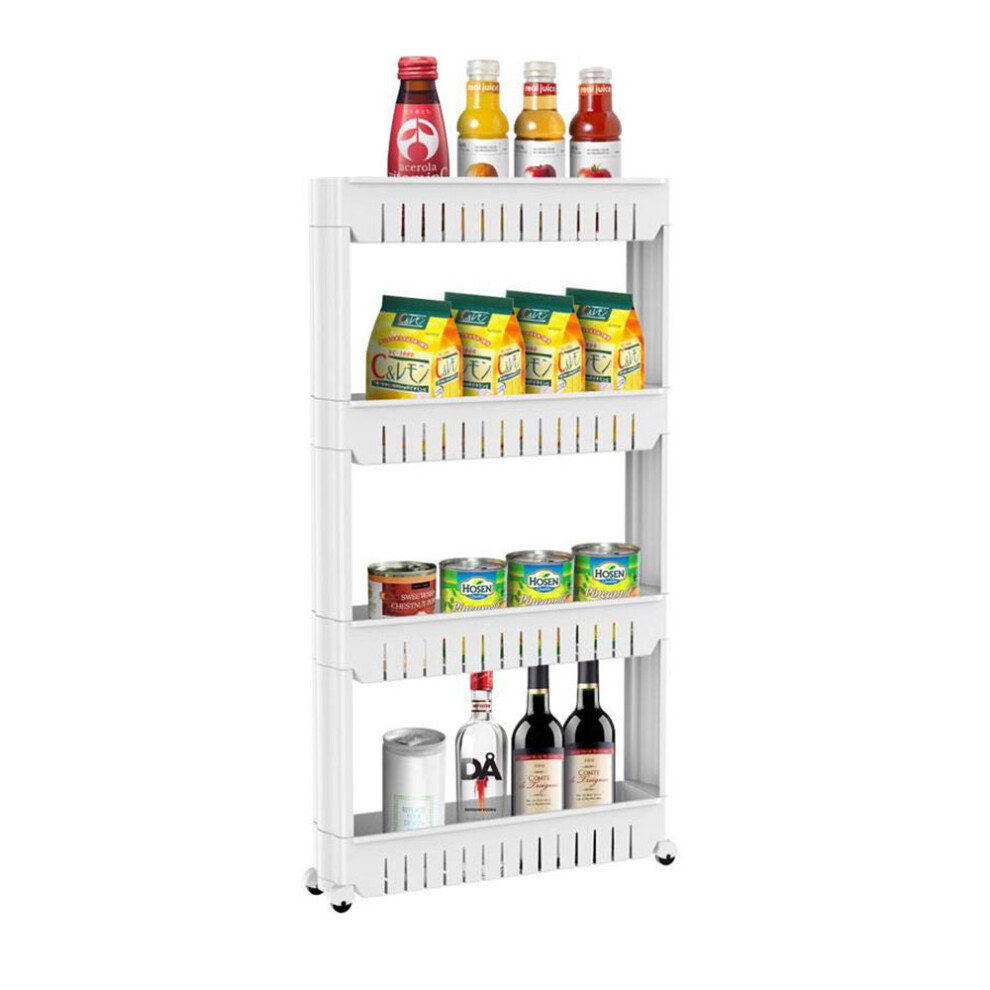 Slim 4 Tier Storage Trolley Cart White Kitchen Bathroom Shelf Organiser Rack