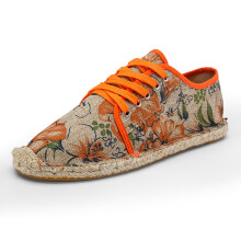 Orange Men Loafers Flats Flower Print Men Casual Shoes Linen Breathable Men Driving Shoes mocasines de hombre