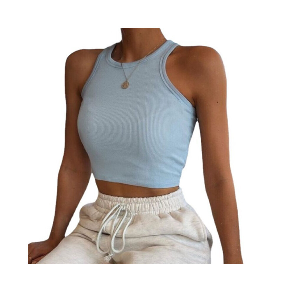 (M, blue) Women Vest Sleeveless Tops Rib-knit Crew Neck Crop