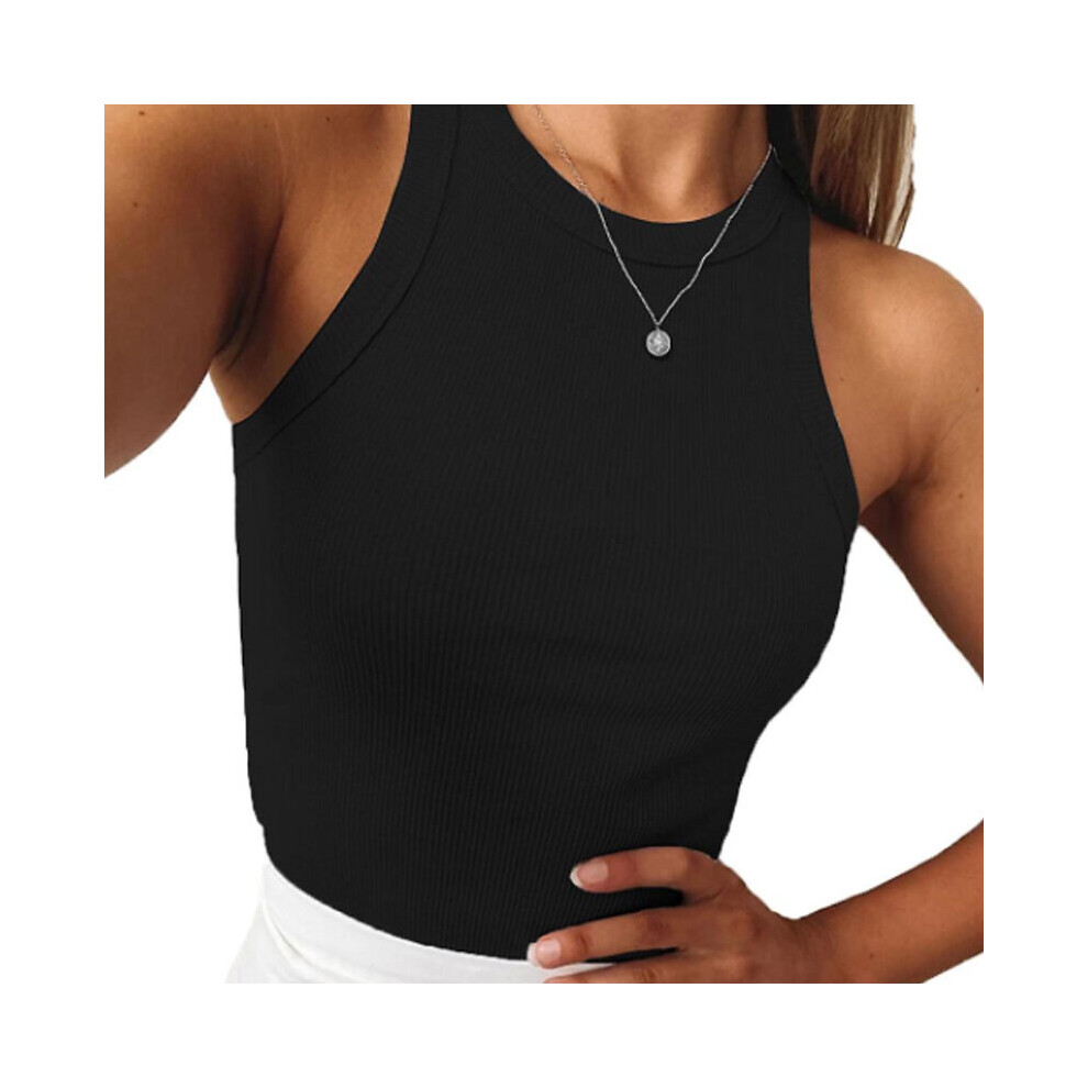 (M, black) Women Vest Sleeveless Tops Rib-knit Crew Neck Crop