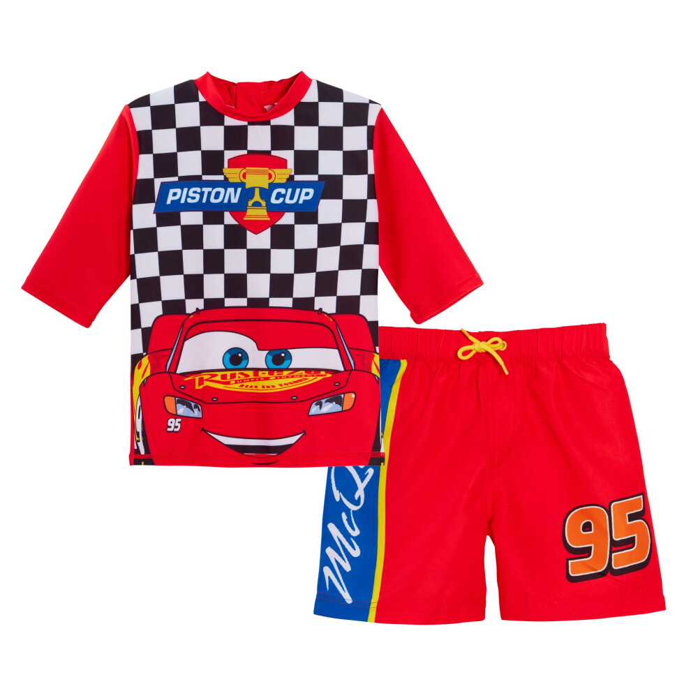 (2-3 Years) Boys Disney Cars Swim Shorts + Rash Vest Lighnting McQueen 2 Piece Swim Set