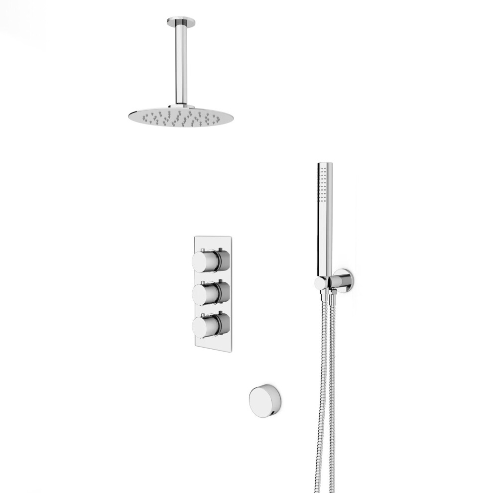 Nes Home Round 3 Way Concealed Thermostatic Shower Mixer Valve, Shower Head, Arm, Handset, Bath Filler Set Chrome