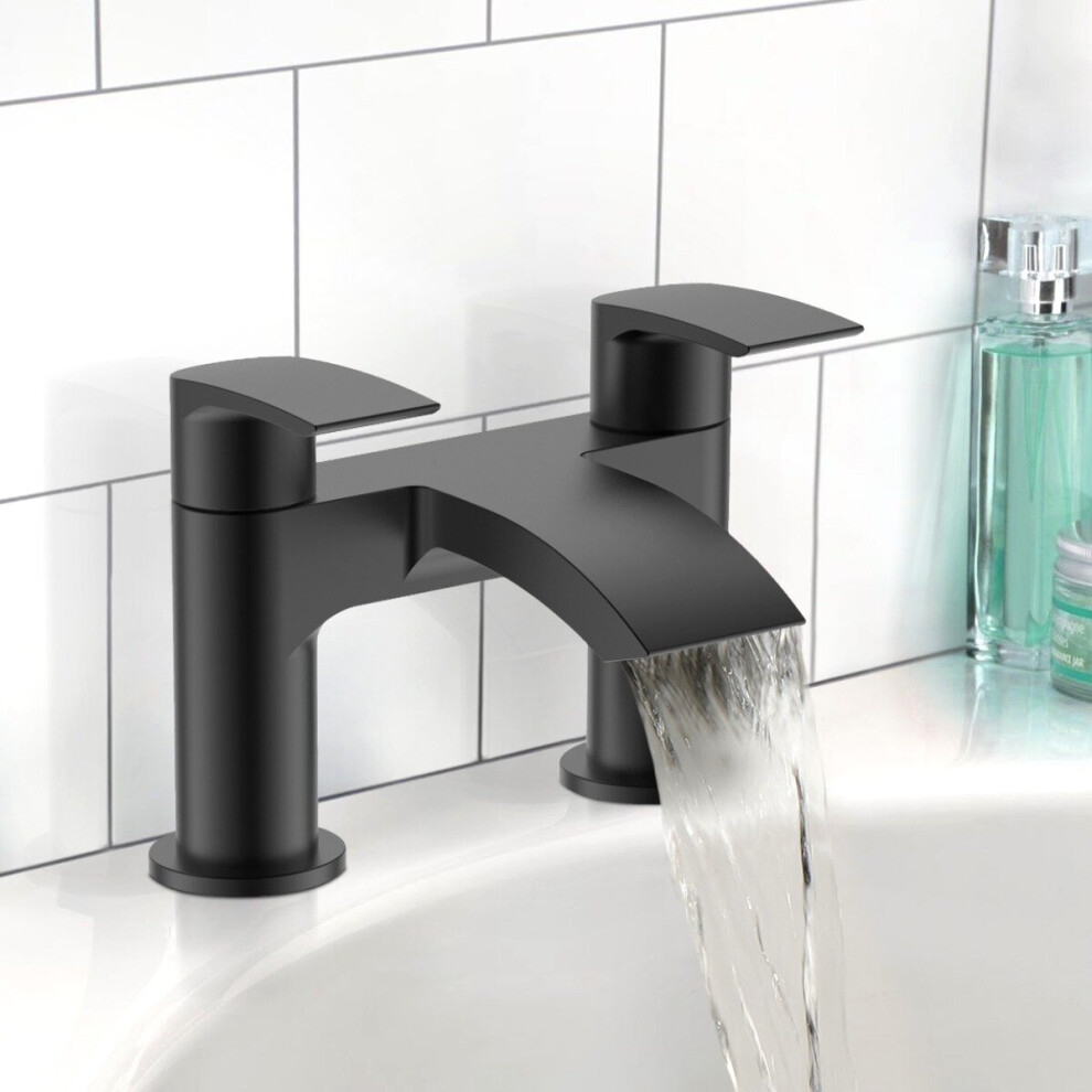 Vago Contemporary Matte Black Deck Mounted Waterfall Bath Filler Tap