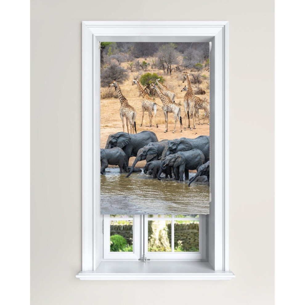 (90 Cm Width X 140 Cm Drop) Blackout Roller Blind Elephant & Giraffe Water Hole Blind Lister Cartwright