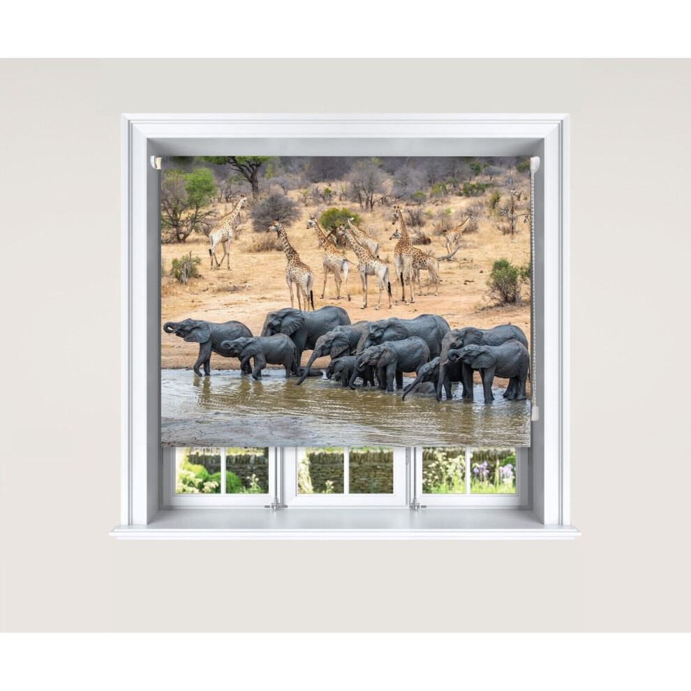 (180 Cm Width X 140 Cm Drop) Blackout Roller Blind Elephant & Giraffe Water Hole Blind Lister Cartwright