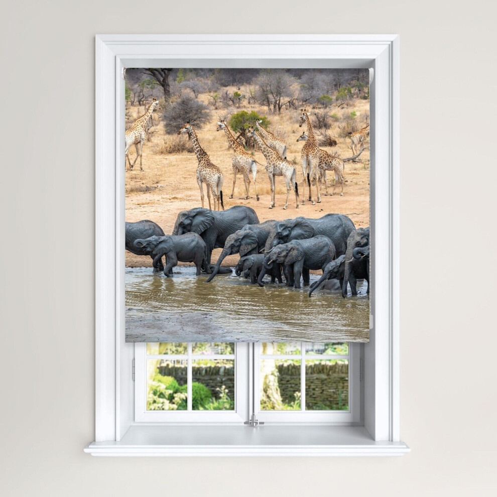 (120 Cm Width X 140 Cm Drop) Blackout Roller Blind Elephant & Giraffe Water Hole Blind Lister Cartwright