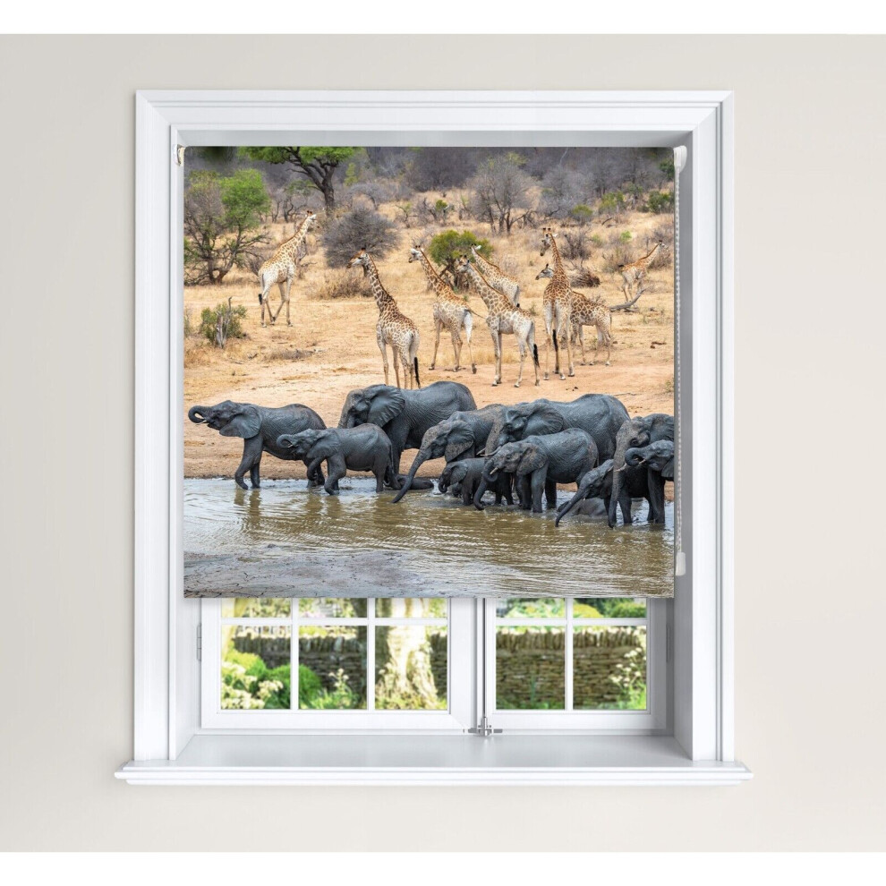 (150 Cm Width X 140 Cm Drop) Blackout Roller Blind Elephant & Giraffe Water Hole Blind Lister Cartwright