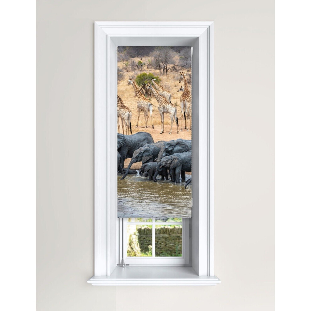 (60 Cm Width X 140 Cm Drop) Blackout Roller Blind Elephant & Giraffe Water Hole Blind Lister Cartwright