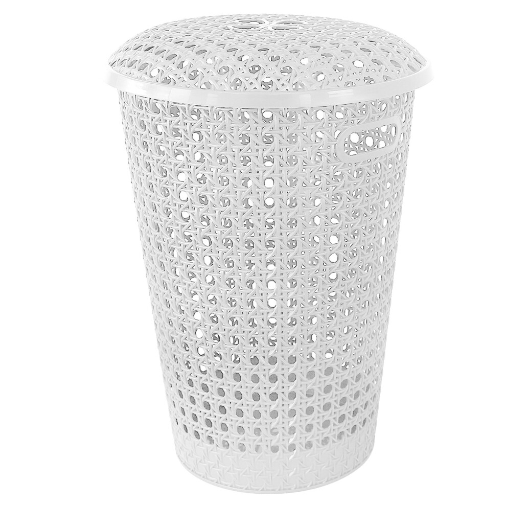 (WHITE ) Rattan Laundry Hamper Bathroom Washing Basket Linen 48L Storage Clothes Bin Lid