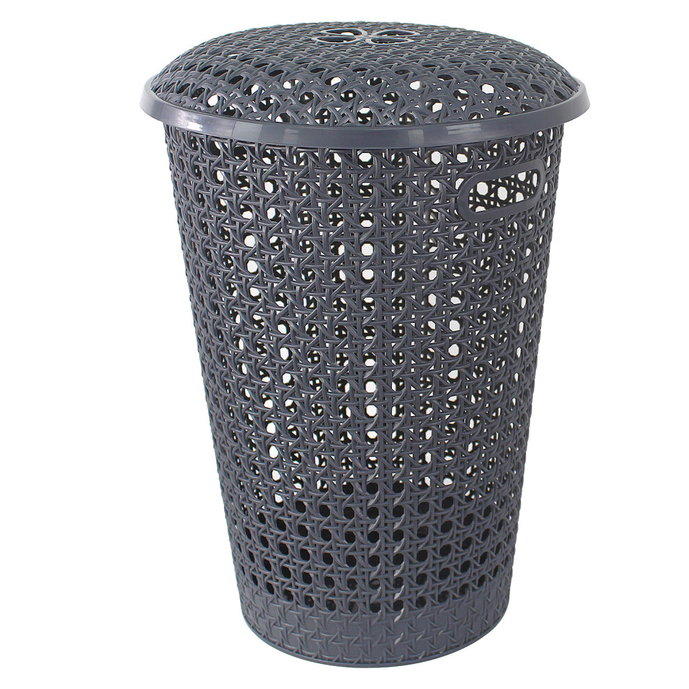 (GREY ) Rattan Laundry Hamper Bathroom Washing Basket Linen 48L Storage Clothes Bin Lid