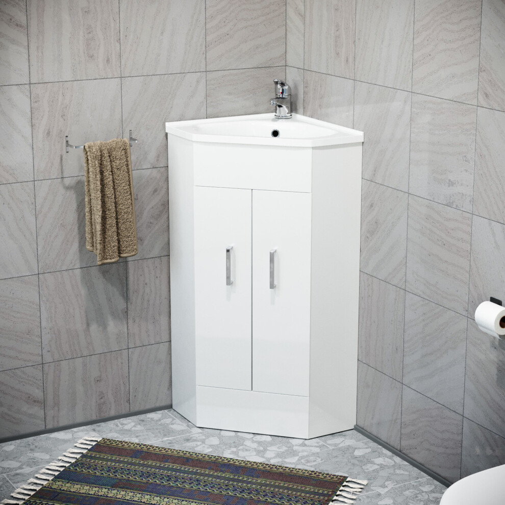 Nes Home Modern White Corner Vanity Unit With Ceramic Basin And Mixer Tap + Waste