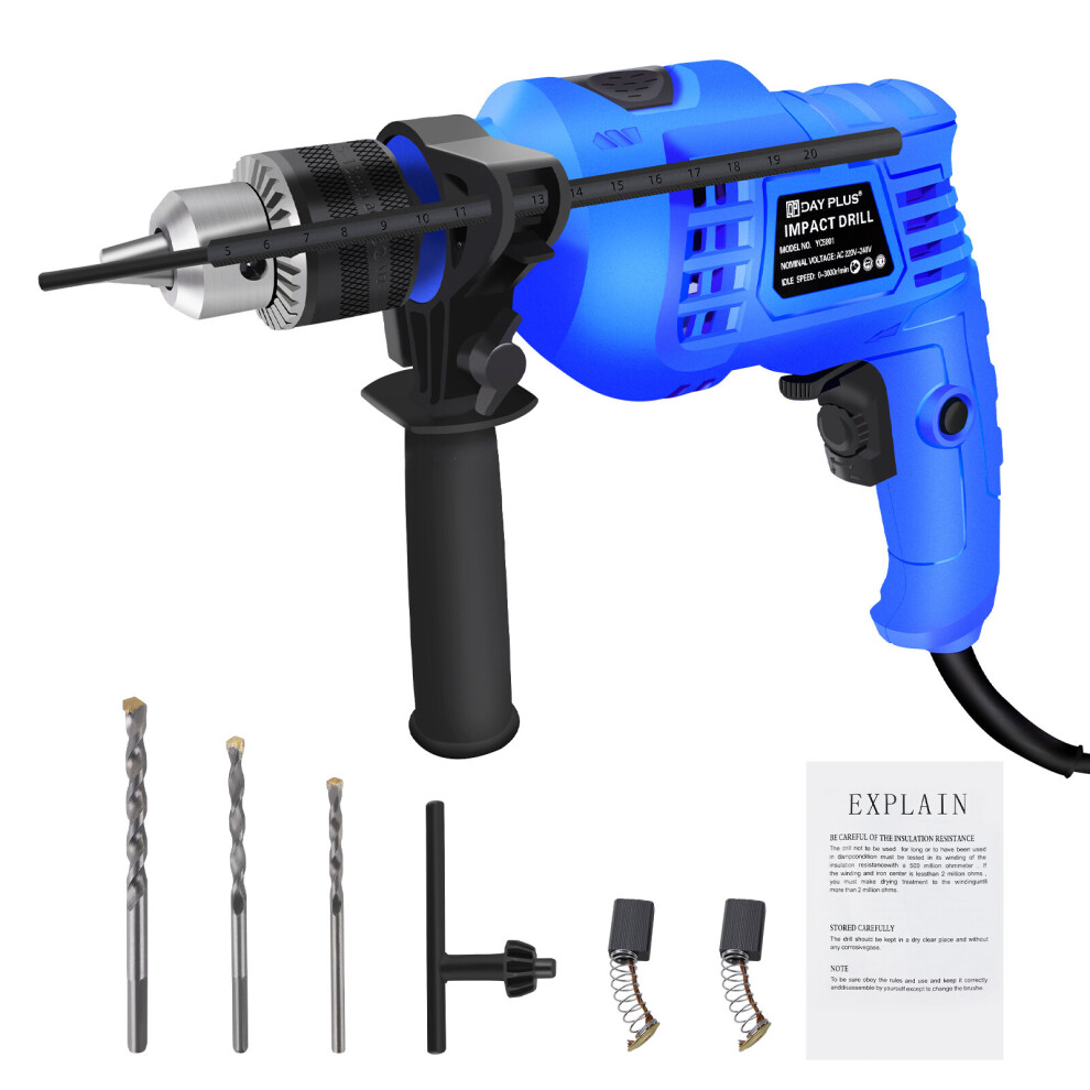 Electric Rotary Hammer Drill 2-in-2 Impact Drill 3000RPM Variable Speed with Handle, Depth Gauge, Drill Bits for Drilling Steel Masonry Wood