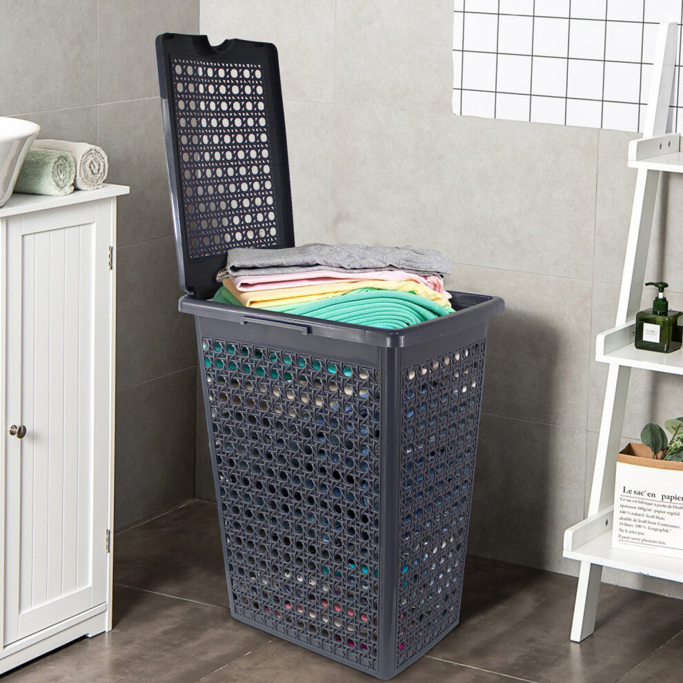 Plastic Laundry Hamper 48L Storage Linen Clothes Slim Washing Basket Lid Rattan