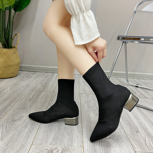 Women s Dress Pointed Mid heeled Short Ankle Boot Female Autumn Knitted Block Low Heel High Socks Boots Shoes on OnBuy