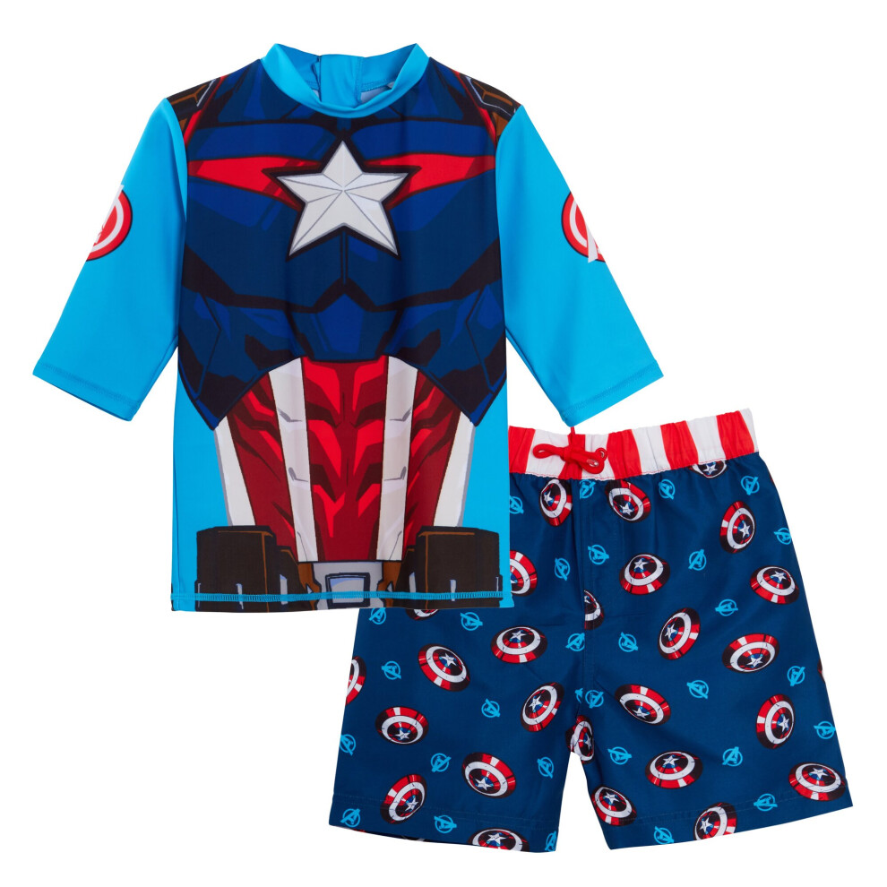 (4-5 Years) Captain America Swim Shorts + Rash Vest 2 Piece Swim Set Surf Top + Board Shorts