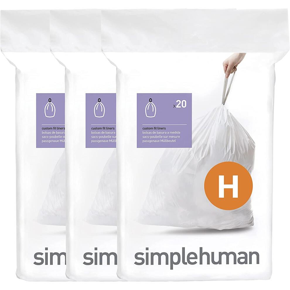 Simplehuman Cw0258 Code H Custom Fit Bin Liner Bulk Pack, White Plastic (3 Pack Of 20, Total 60 Liners)