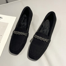 Autumn Winter Women Loafers Low Heels Boat Shoes Square Toe Dress Shoes Chain Faux Suede Plush Warm Ladies Shoes 8409N