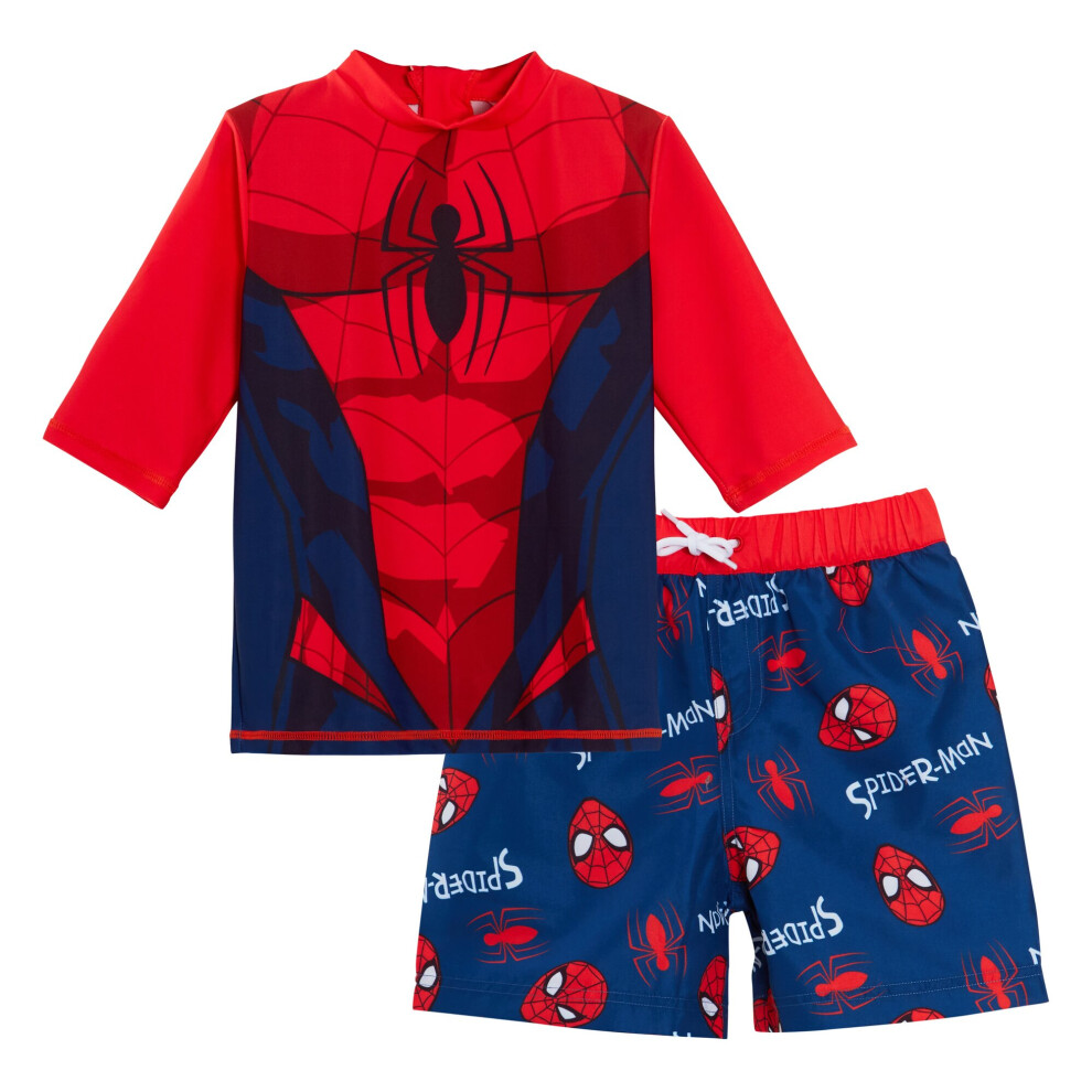 (2-3 Years) Boys Spider-man Swim Shorts + Rash Vest 2 Piece Swim Set Surf Top + Board Shorts